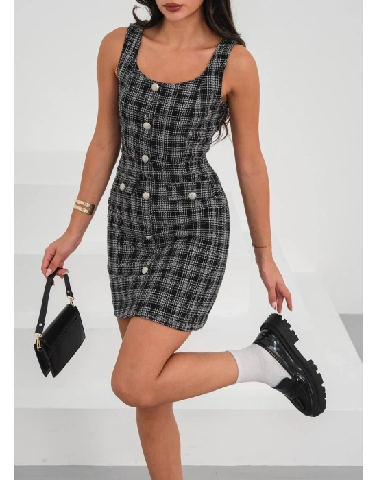 Askılı ch kumaş düğmeli elbise siyahbeyaz h265007