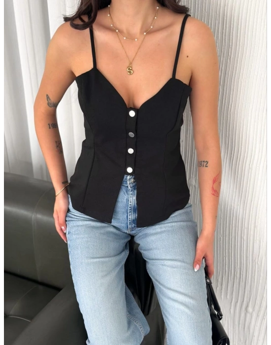 Askılı Dekolte deraylı bluz crop - Siyah