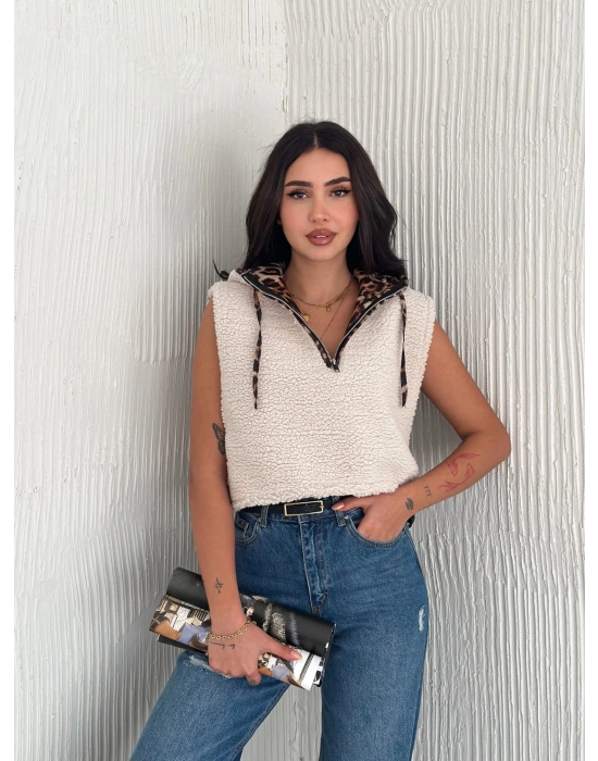 Astarlı kapşonlu kuzu yelek beyaz t1243