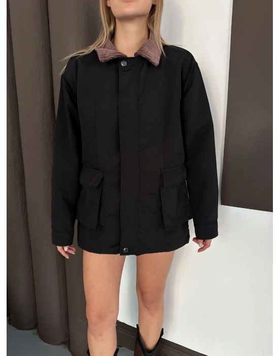 Astarlı yaka detaylı artos ceket siyah st2651019