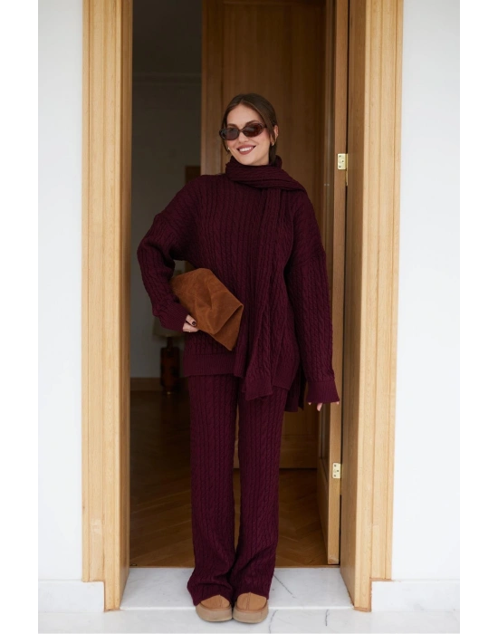 Aurane Bordo Atkılı Saç Örgülü Triko Pantolon Takım