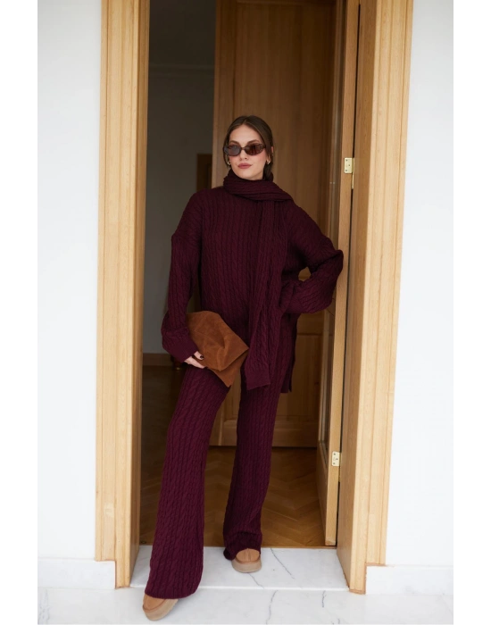 Aurane Bordo Atkılı Saç Örgülü Triko Pantolon Takım