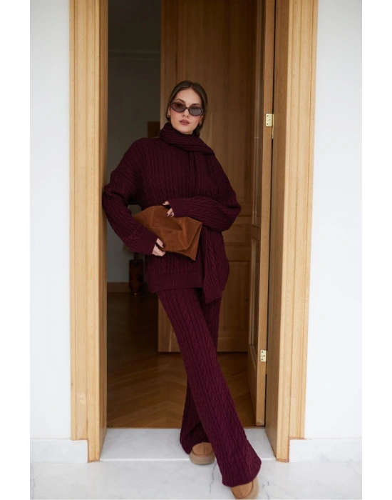 Aurane Bordo Atkılı Saç Örgülü Triko Pantolon Takım