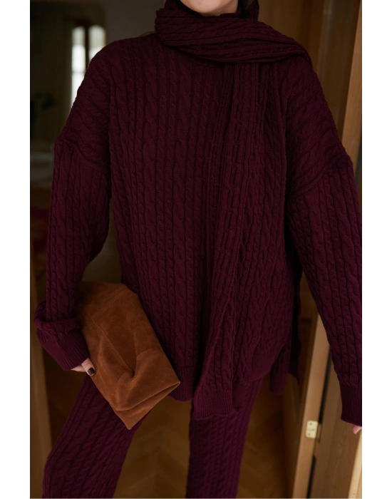 Aurane Bordo Atkılı Saç Örgülü Triko Pantolon Takım