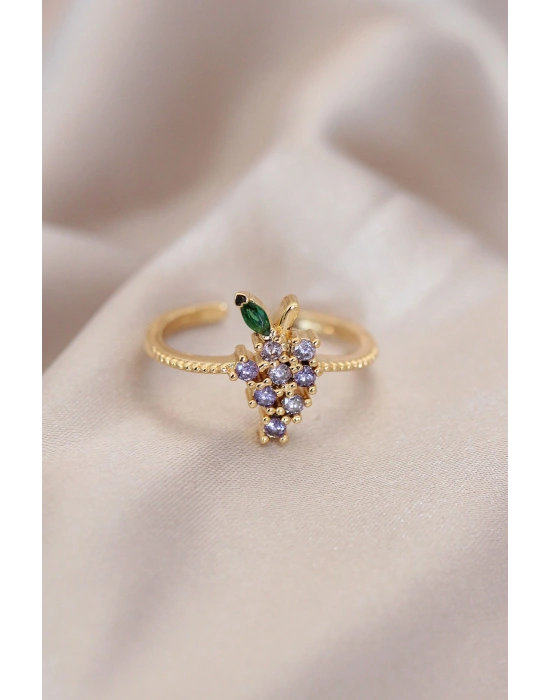 Ayarlamalı Altın Renk Metal Renkli Zirkon Taşlı Üzüm Yüzük