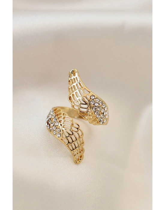 Ayarlamalı Gold Renk Metal Zirkon Taşlı Kanat Yüzük