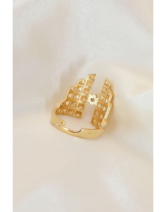 Ayarlamalı Gold Renk Metal Zirkon Taşlı Piramit Yüzük