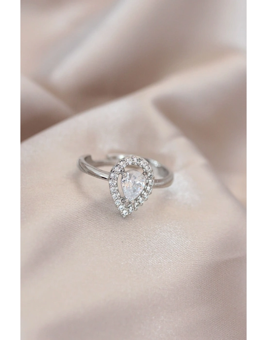 Ayarlamalı Silver Renk Metal Zirkon ve Kristal Taşlı Damla Model Yüzük
