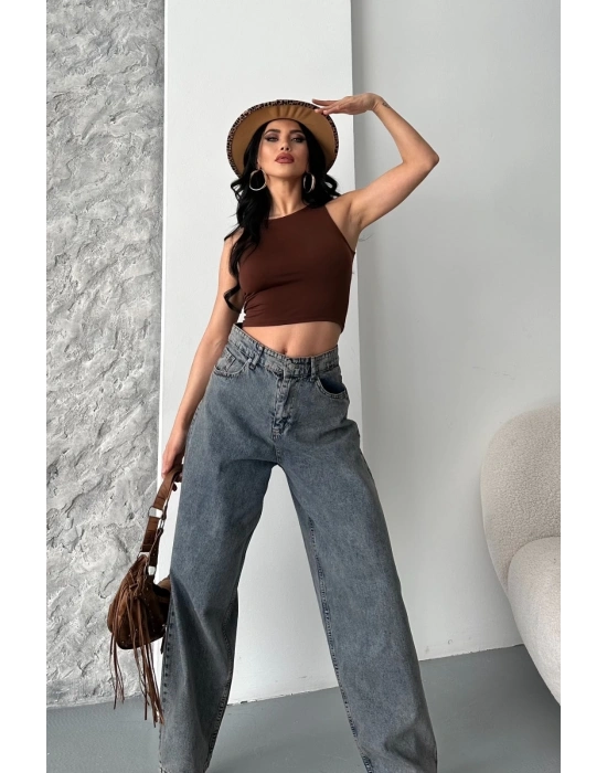 Baggy kar yıkama eskitme kahve jeans pantolon d2007