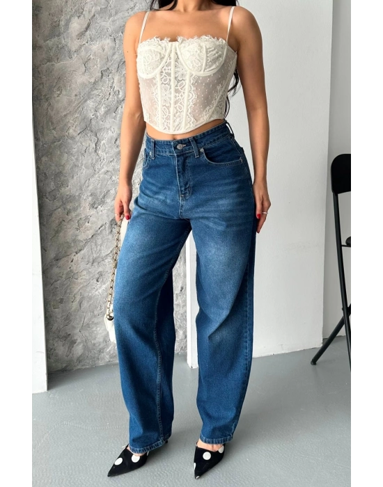 Baggy süper taş bıyık yıkama koyu mavi jeans pantolon d2007