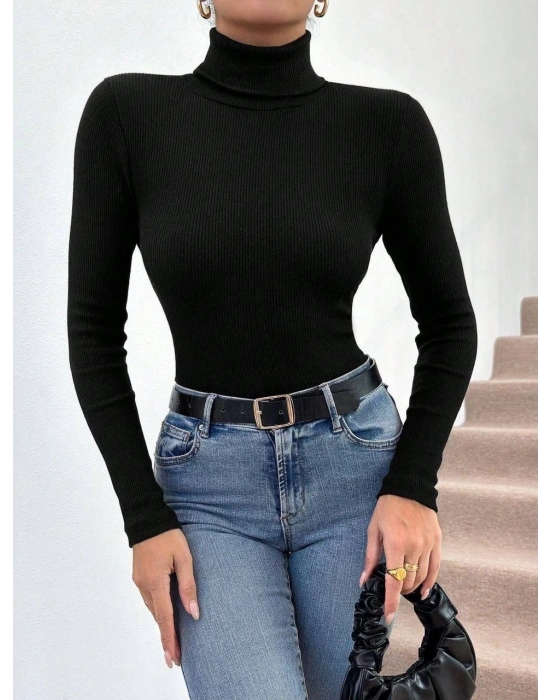 Balıkçı yaka dar kesim kaşkorse kazak siyah w3103