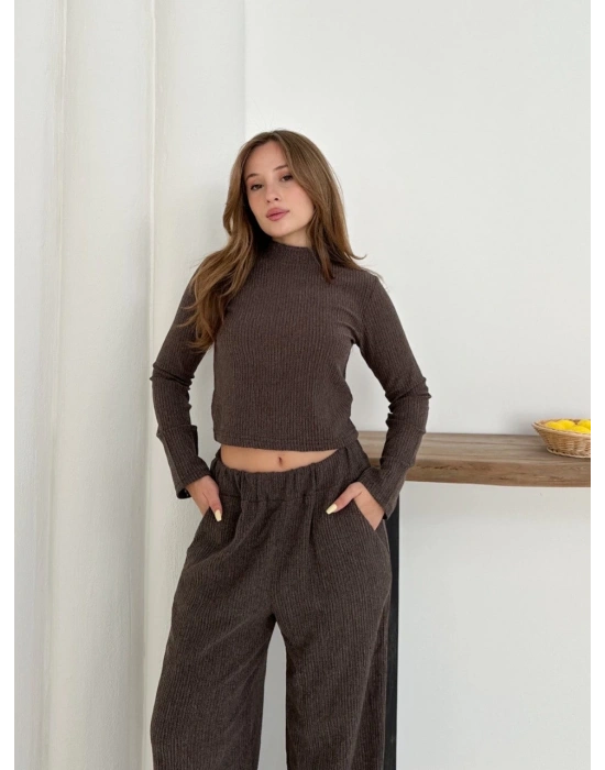 Balıkçı yaka örme takım kahve st265865