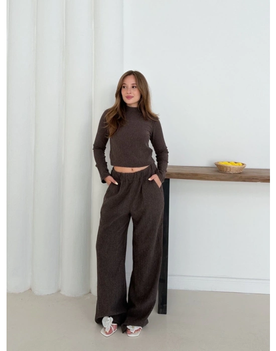 Balıkçı yaka örme takım kahve st265865