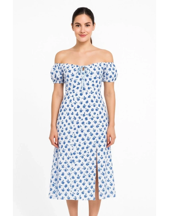Bardot Omuzu Acık Çiçek Desenli Elbise - Desenli