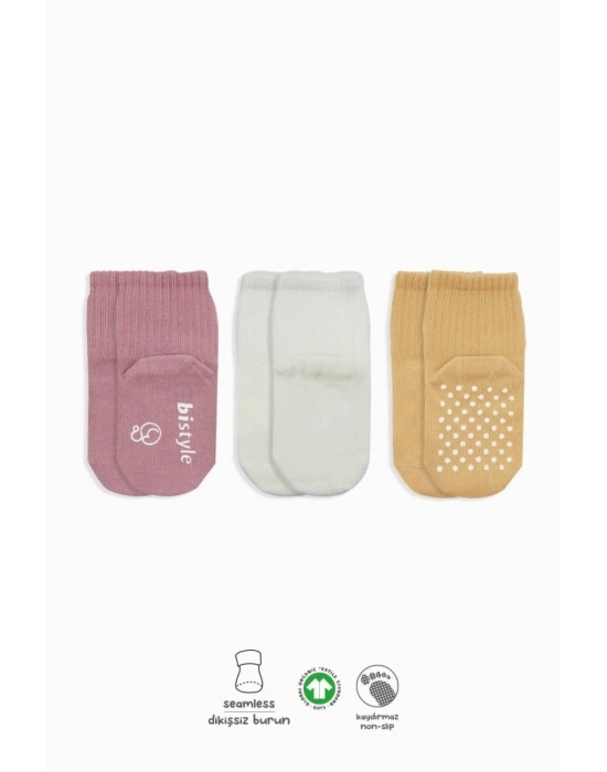 Basic Kaymaz Penye Soket Çorap 3Lü BS10107 Pudra Ekru Somon