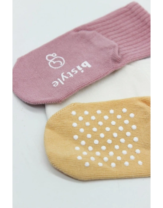 Basic Kaymaz Penye Soket Çorap 3Lü BS10107 Pudra Ekru Somon