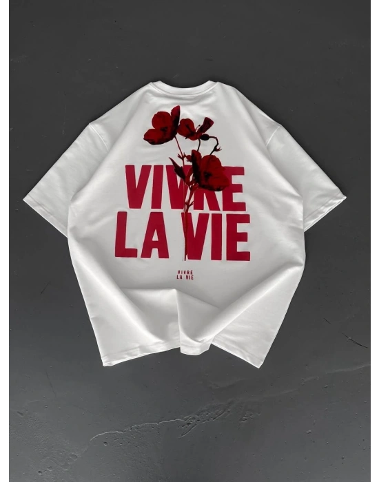 Baskılı Oversize Bisiklet Yaka T-shirt - Beyaz