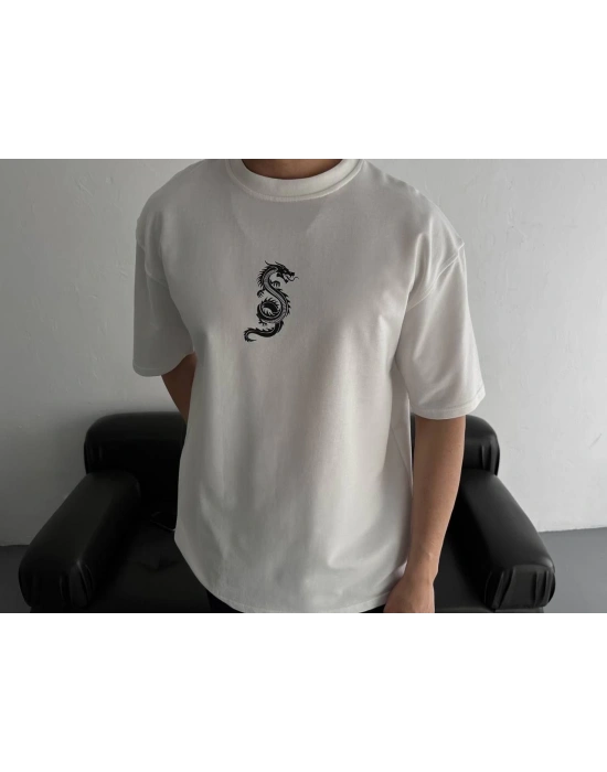 Baskılı Oversize Bisiklet Yaka T-shirt - Beyaz