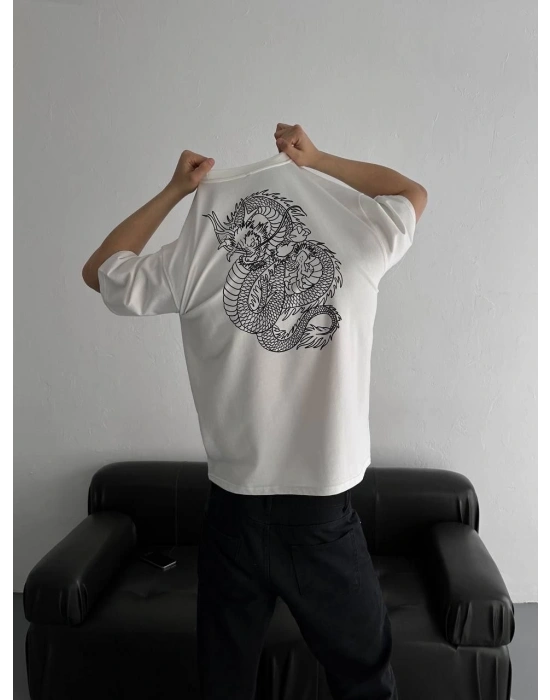 Baskılı Oversize Bisiklet Yaka T-shirt - Beyaz