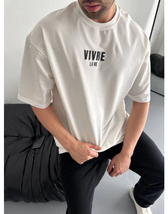 Baskılı Oversize Bisiklet Yaka T-shirt - Beyaz