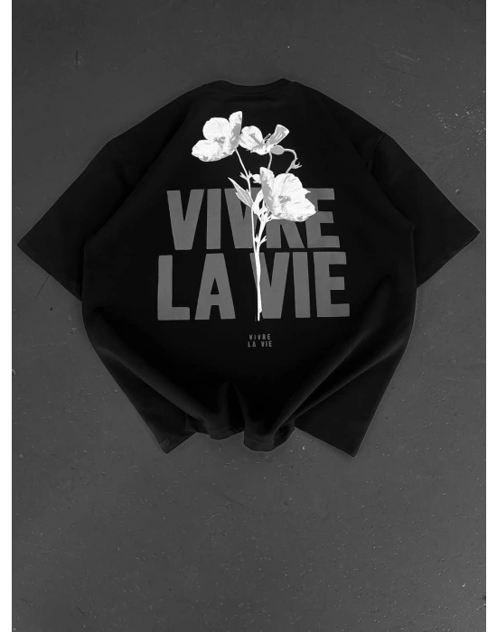 Baskılı Oversize Bisiklet Yaka T-shirt - Siyah