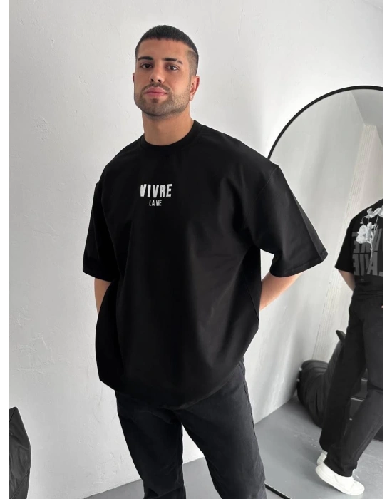 Baskılı Oversize Bisiklet Yaka T-shirt - Siyah