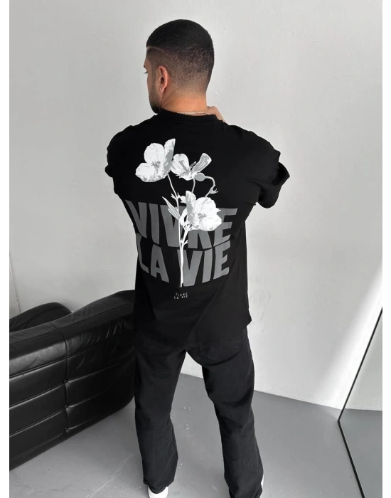 Baskılı Oversize Bisiklet Yaka T-shirt - Siyah