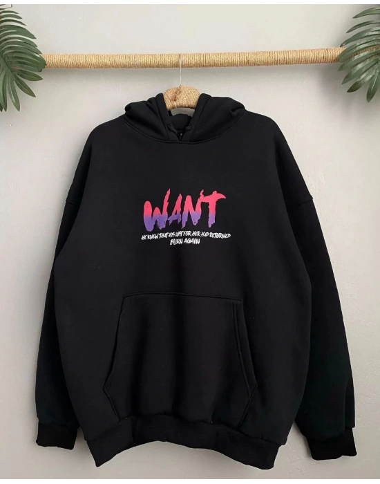 Baskılı Üç İplik Kapüşonlu Oversize Sweatshirt - Siyah