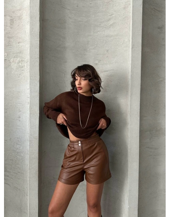 Beli lastikli çıtçıtlı deri şort kahve w241007