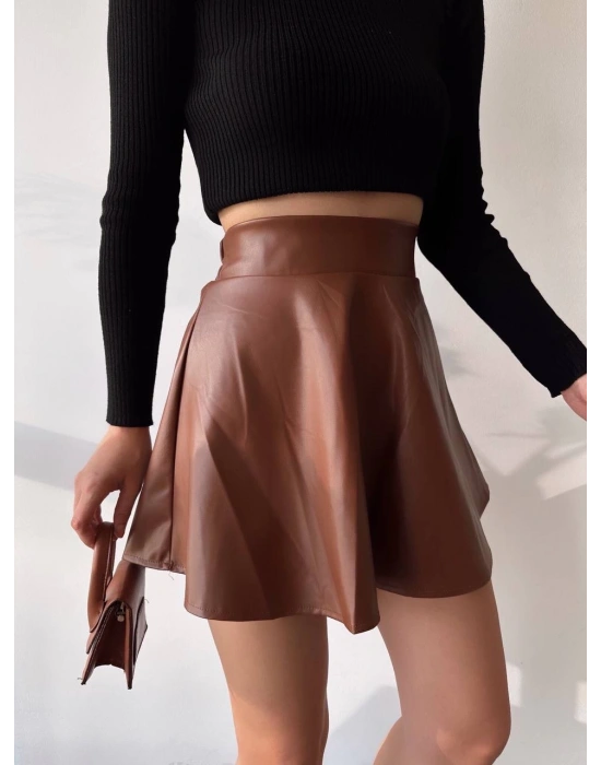 Beli lastikli deri etek kahve s24599