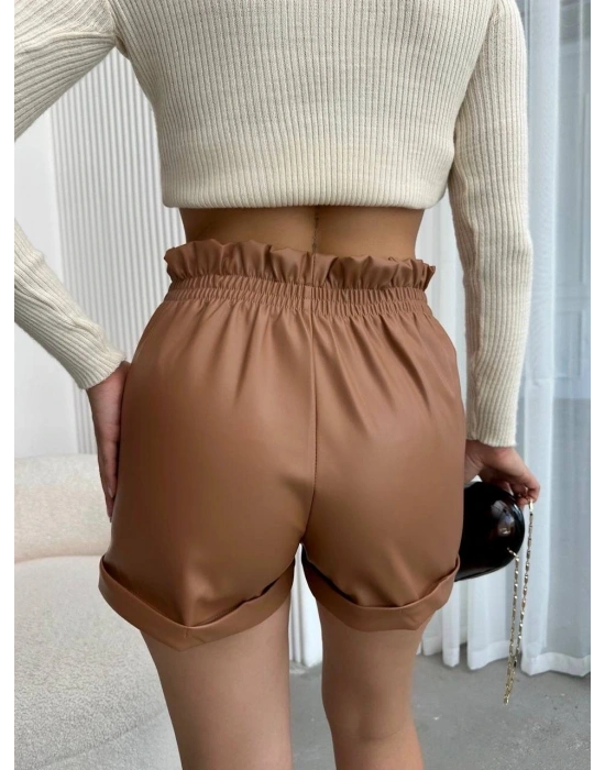Beli lastikli deri şort kahve H24605