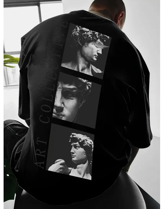 Benzersiz Sırt Baskılı Erkek Sokak Stili Bol Tişört - Nefes Alabilir Polyester, Makinede Yıkanabilir - Siyah