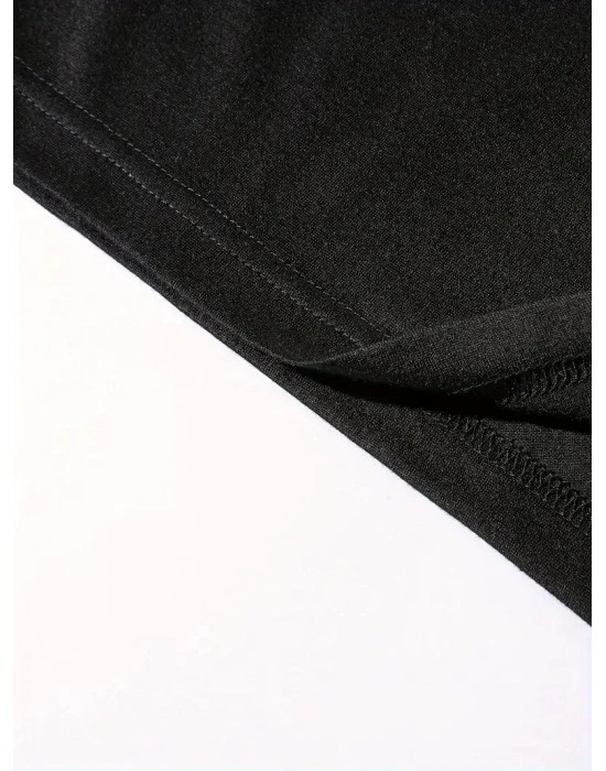 Benzersiz Sırt Baskılı Erkek Sokak Stili Bol Tişört - Nefes Alabilir Polyester, Makinede Yıkanabilir - Siyah