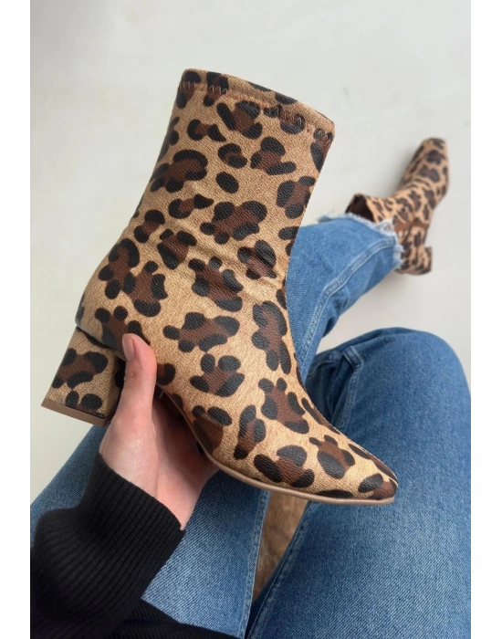 Birta Leopar Cilt Streç Topuklu Bot