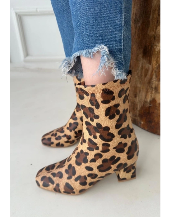Birta Leopar Cilt Streç Topuklu Bot