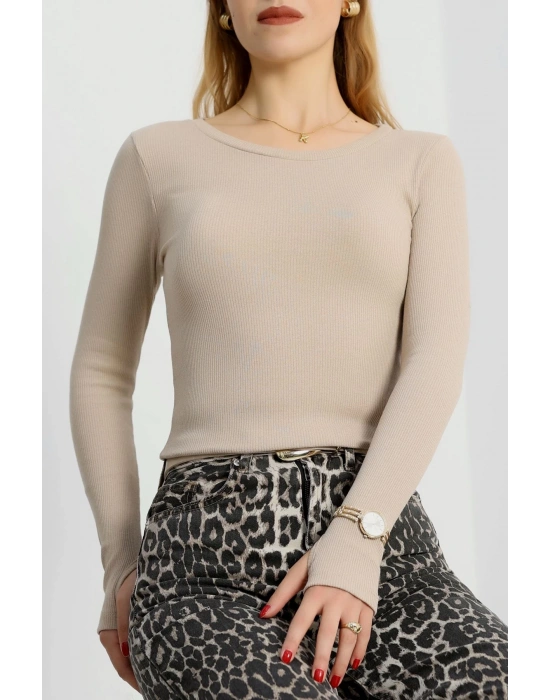 Bisiklet Yaka Parmak Geçmeli Kaşkorse bluz bej a3829