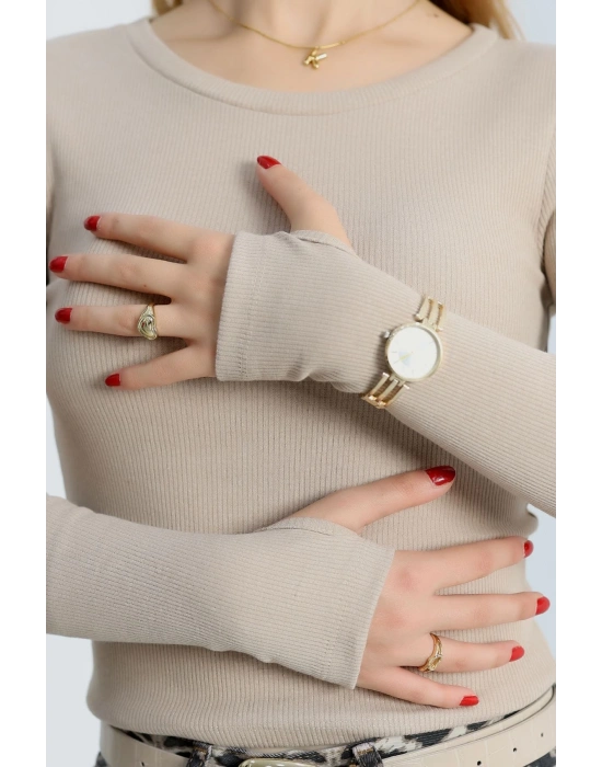 Bisiklet Yaka Parmak Geçmeli Kaşkorse bluz bej a3829