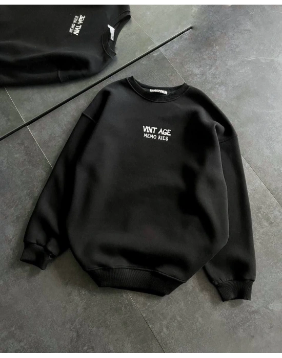 Bisiklet Yaka Üç İplik Baskılı Oversize SweatShirt - Siyah