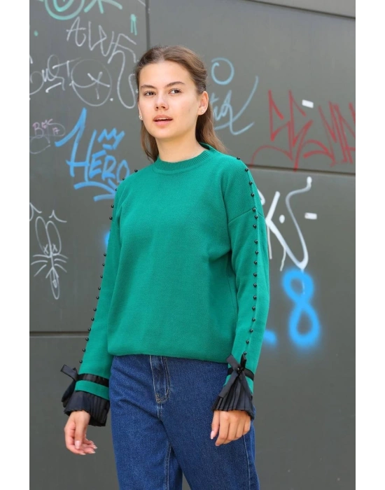 Boncuklu bile detaylı kazak petrol yeşili