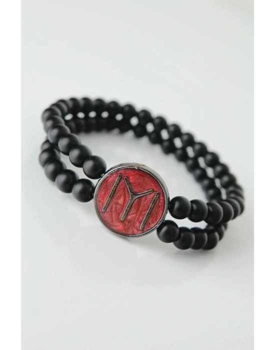 Bordo Metal Üzerine Füme Kayı Boyu Figürlü Siyah Renk Çift Sıra Doğal Taş Erkek Bileklik