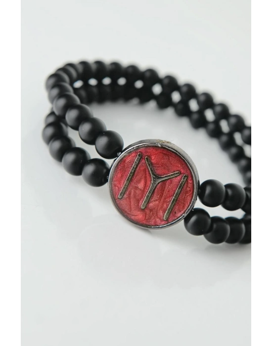 Bordo Metal Üzerine Füme Kayı Boyu Figürlü Siyah Renk Çift Sıra Doğal Taş Erkek Bileklik