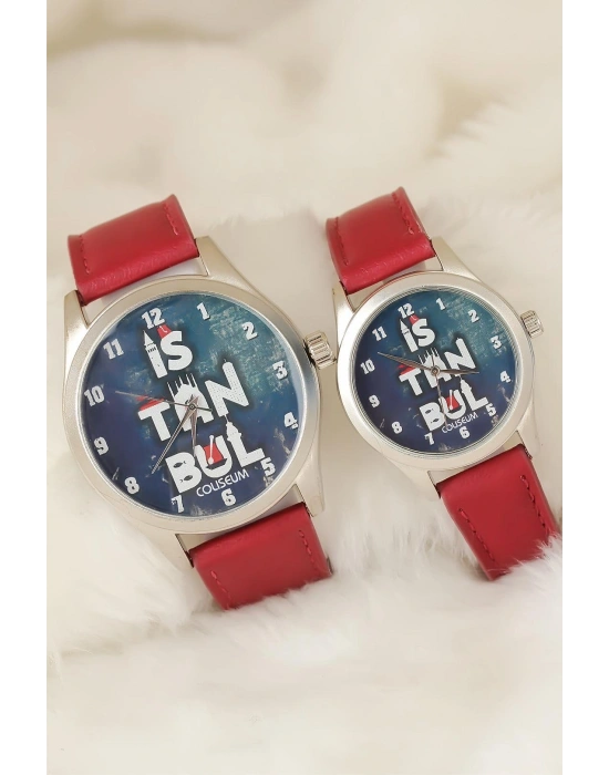 Bordo Renk Deri Kordonlu İstanbul Tasarımlı Sevgili Saatleri