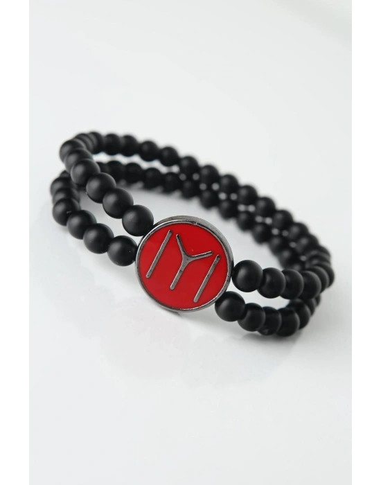 Bordo Renkli Metal Üzerine Füme Kayı Boyu Figürlü Siyah Renk Çift Sıra Doğal Taş Erkek Bileklik