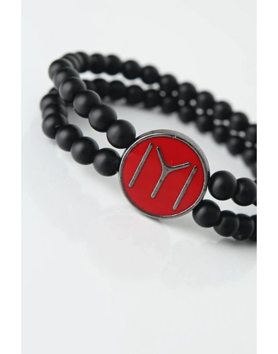 Bordo Renkli Metal Üzerine Füme Kayı Boyu Figürlü Siyah Renk Çift Sıra Doğal Taş Erkek Bileklik