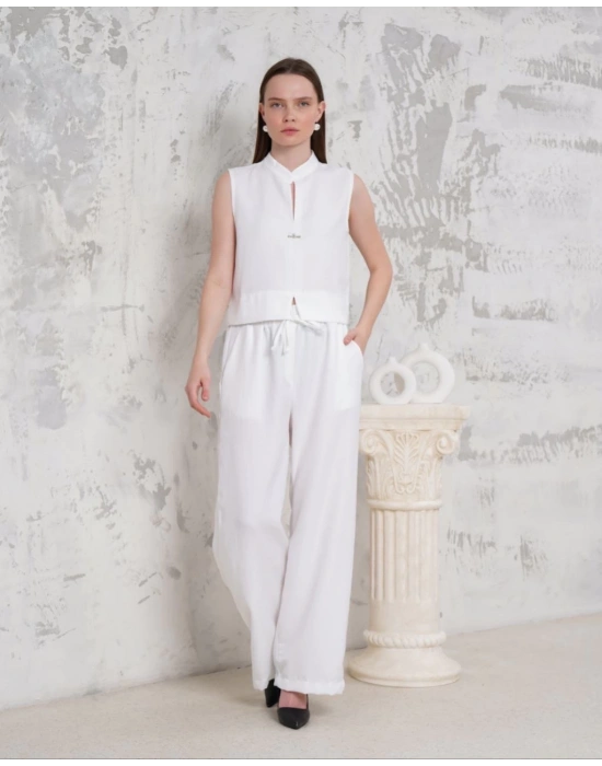 Broşlu yelek pantolon takım beyaz s255821
