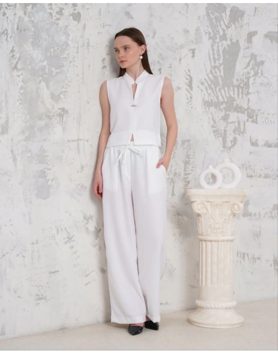 Broşlu yelek pantolon takım beyaz s255821