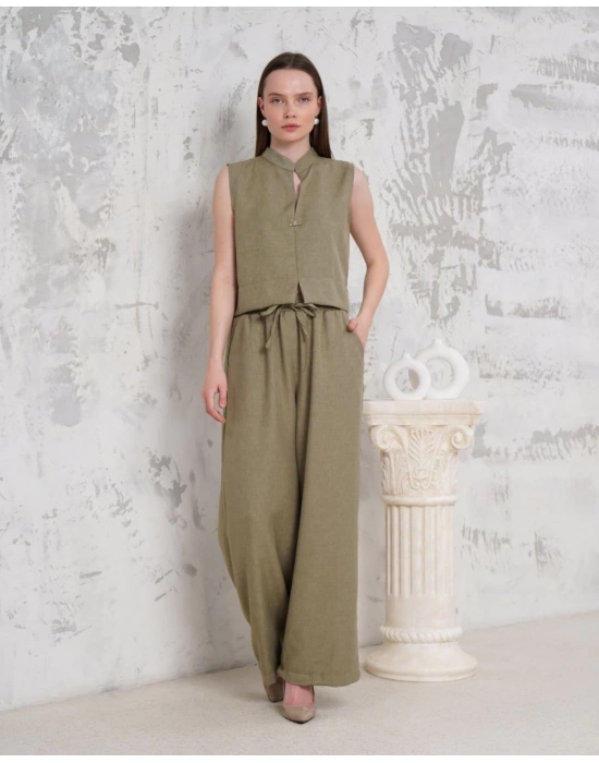 Broşlu yelek pantolon takım haki s255821