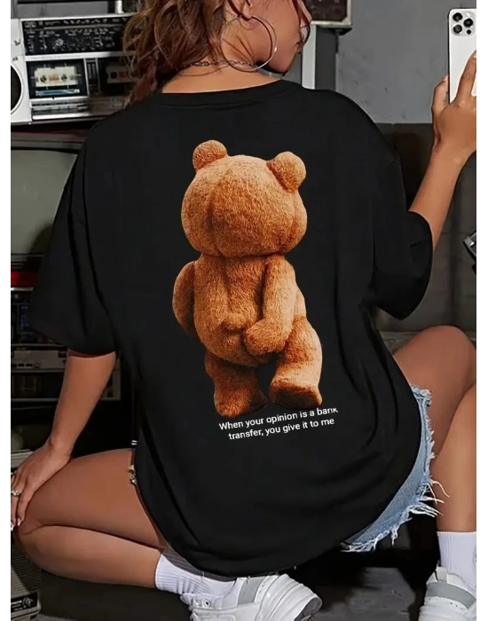 Büyük Boy Ayıcık Baskılı Bisiklet Yaka T-Shirt, İlkbahar & Yaz İçin Rahat Kısa Kollu T-Shirt, Kadın Giyim - Siyah