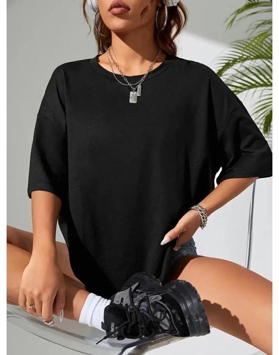 Büyük Boy Ayıcık Baskılı Bisiklet Yaka T-Shirt, İlkbahar & Yaz İçin Rahat Kısa Kollu T-Shirt, Kadın Giyim - Siyah