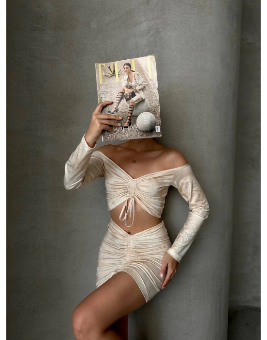 Büzgülü etek bluz takım bej s24709